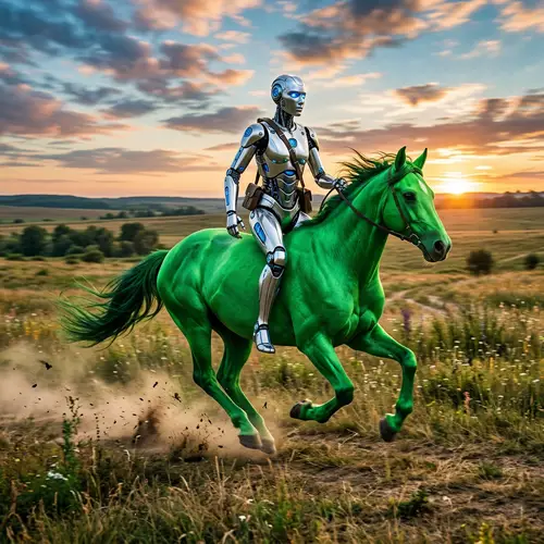 Surreal Robot Riding Bright Green Horse | Artistic Scene