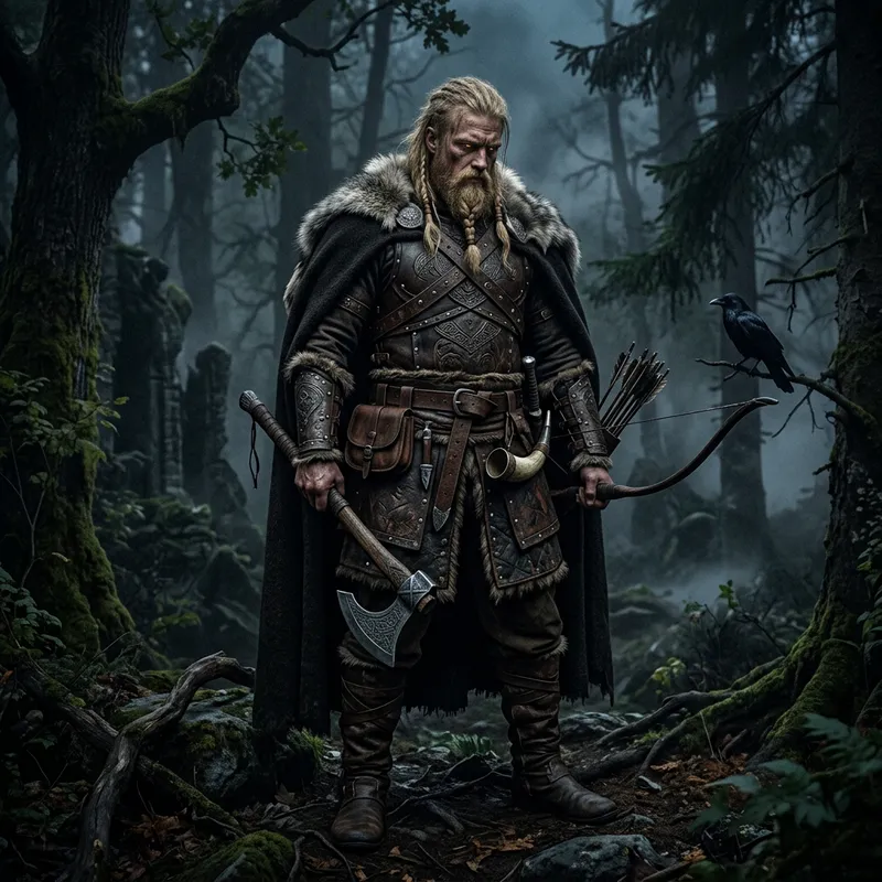 Dark Fantasy Art of Brooding Viking Hunter in Detailed Leather Armor