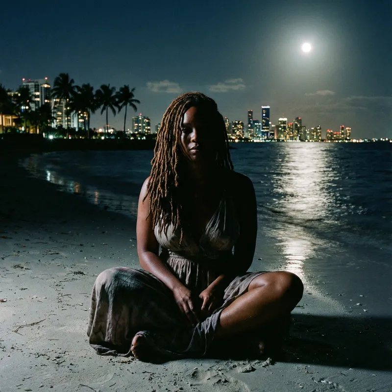 Night Beach Scene with Miami Skyline