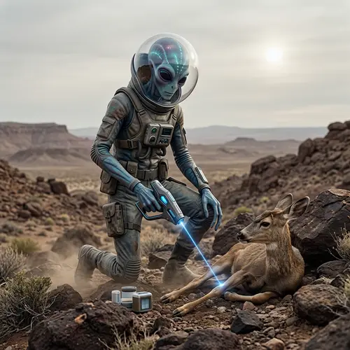 Alien in Transparent Helmet Lasers Deer's Legs - Rocky Landscape
