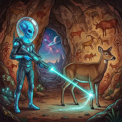 Intergalactic Wildlife Hunting Scene: Alien with Laser Cuts Deer Legs