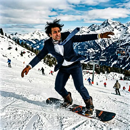South Asian Banker Losing Control Snowboarding on Mountain Slope