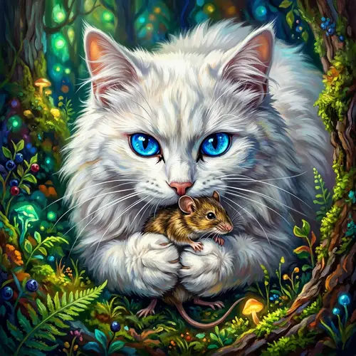 Majestic White Cat Digital Painting with Sapphire Eyes