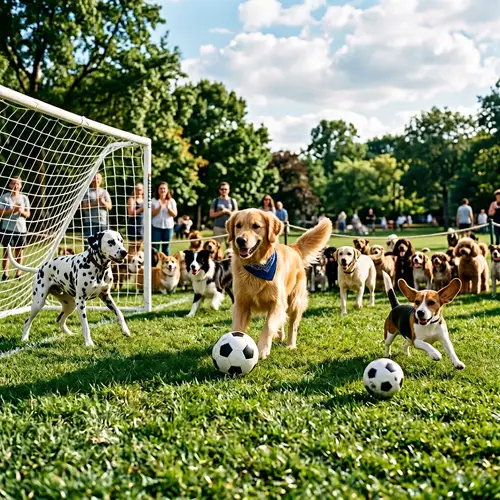 Dogs Playing Soccer: Energetic Match in a Grass Field