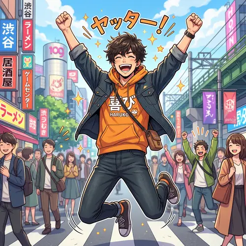 Cheerful Japanese Man Expressing Immense Joy