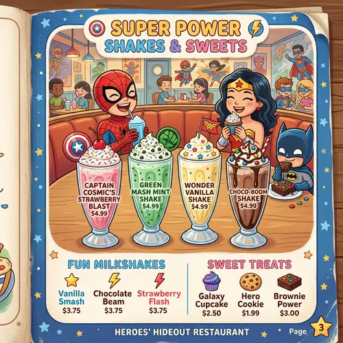 Kids Restaurant Menu: Milkshakes & Superheroes