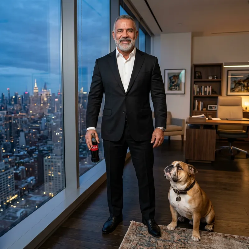 Muscular Man in Black with Coca-Cola Bottle and Bulldog