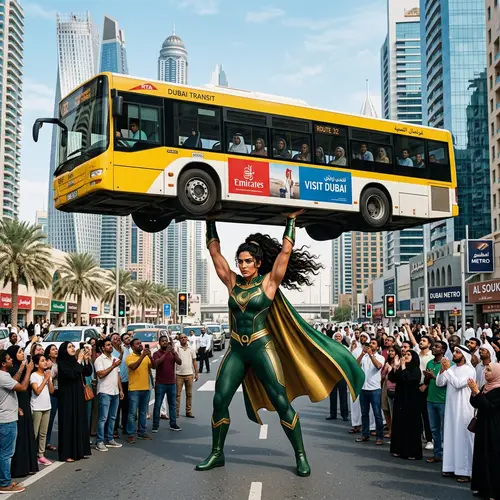 Female Middle-Eastern Superhero Lifting City Bus in Urban Setting