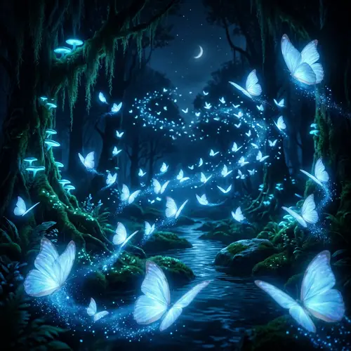 Enchanting Blue Light with Butterflies at Night