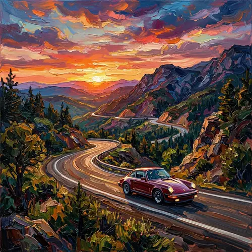 Vibrant Sunset Car Drive Oil Painting
