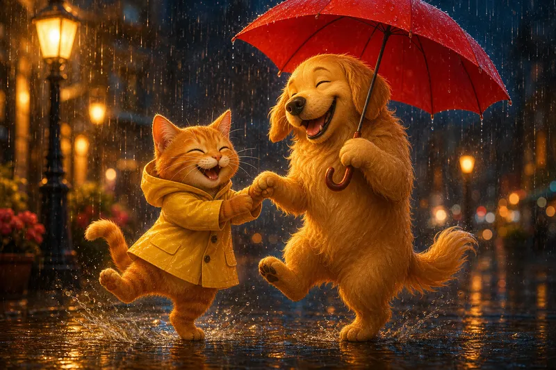 Joyful Cat and Dog Dance in the Rain Joyful Cat and Dog Dance in the Rain