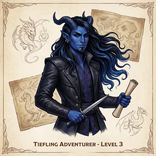 Blue-Skinned Tiefling Character in D&D Manual