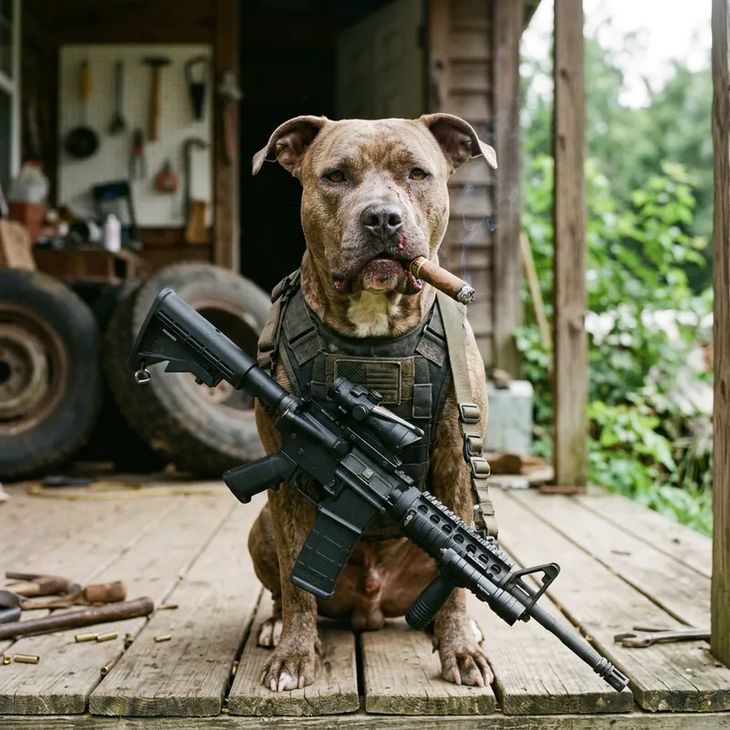 Tough Pitbull with AR-15 and Cigar: A Bold Statement