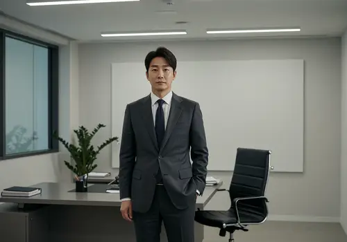 Stylish Korean Man in Dark Office Suit
