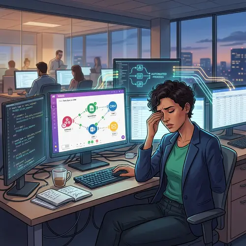 Digital Illustration of Overwhelmed Woman Automation Specialist Using 'MAKE' Tool