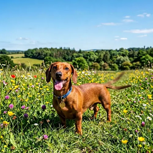 Joyful Dachshund Dog on Grassy Field | Outdoors Delight