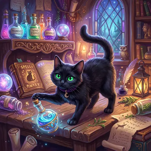 Whimsical Black Cat Illustration with Green Eyes | Playful & Vibrant Fantasy Art