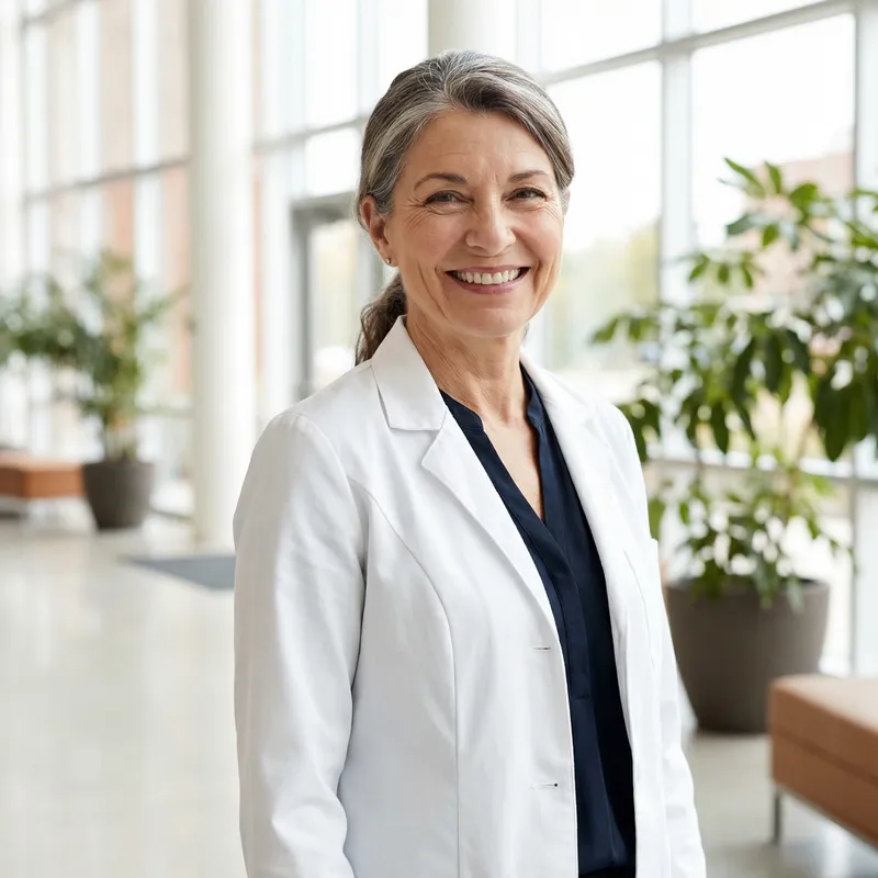 Joyful Tall Brunette Woman in 60s | White Coat Smiling Joyful Tall Brunette Woman in 60s | White Coat Smiling