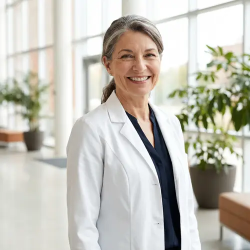 Joyful Tall Brunette Woman in 60s | White Coat Portrait
