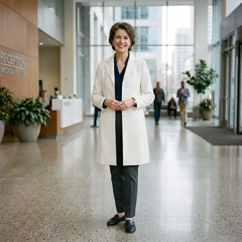Elegant Middle-Aged Brunette Woman in White Coat Smiling