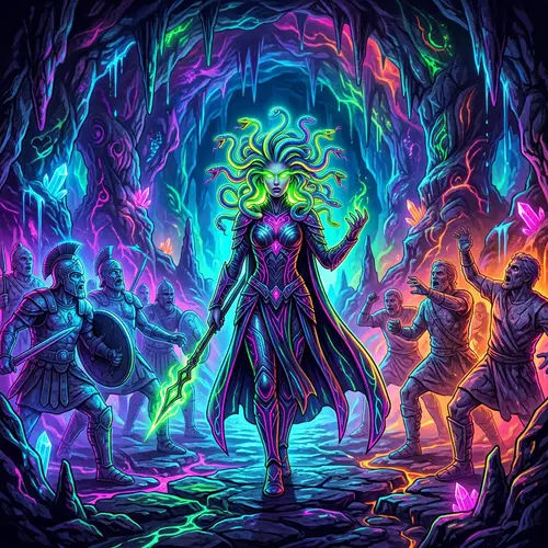 Medusa in a Cave: A Colorful Mythical Scene