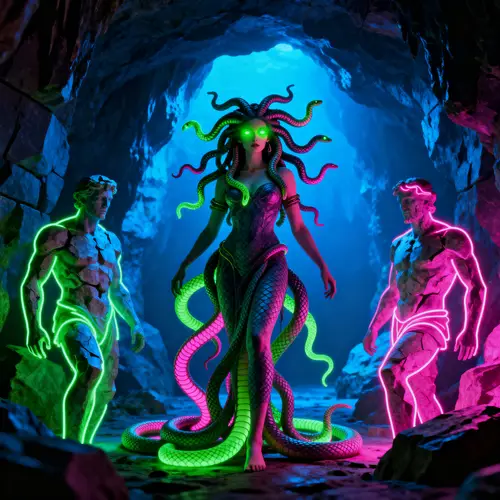 Medusa in a Cave: A Colorful Mythical Scene