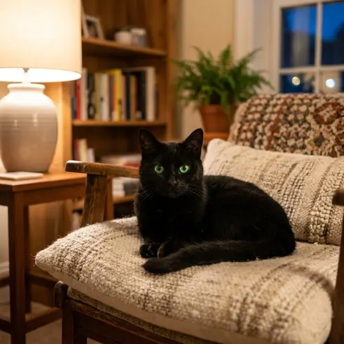 Small Black Cat with Green Eyes on Soft Cushion