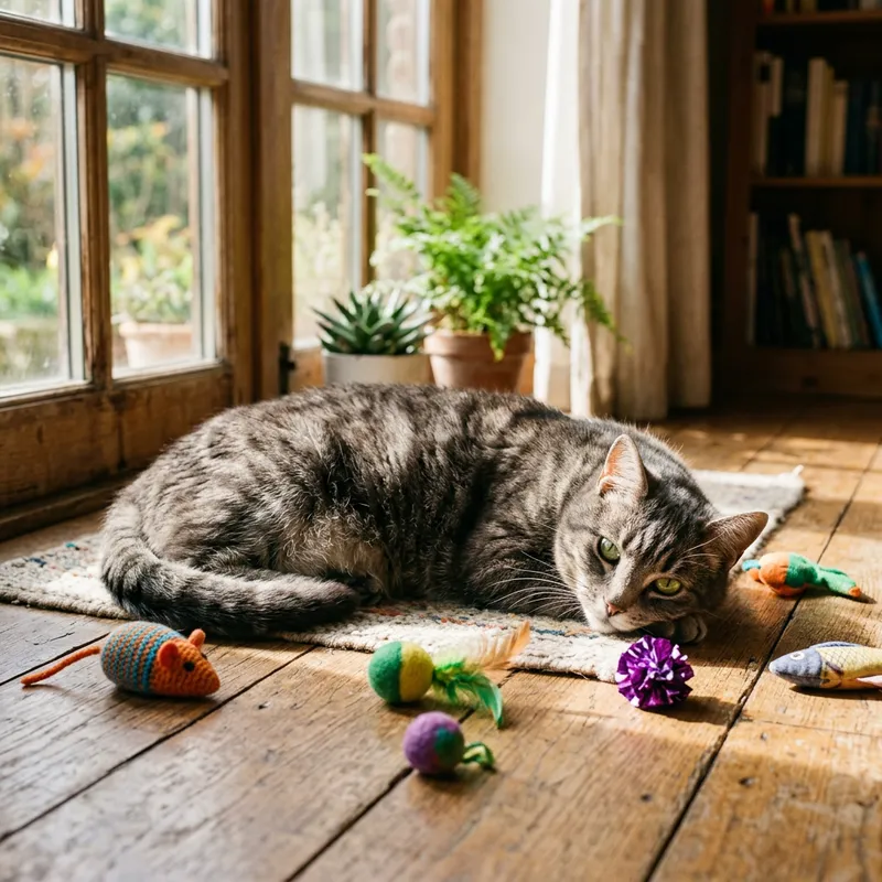 Adorable Grey Cat Enjoying Sunlight with Colorful Toys