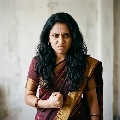 Powerful Emotions: Anger & Determination in South Asian Woman in Saree