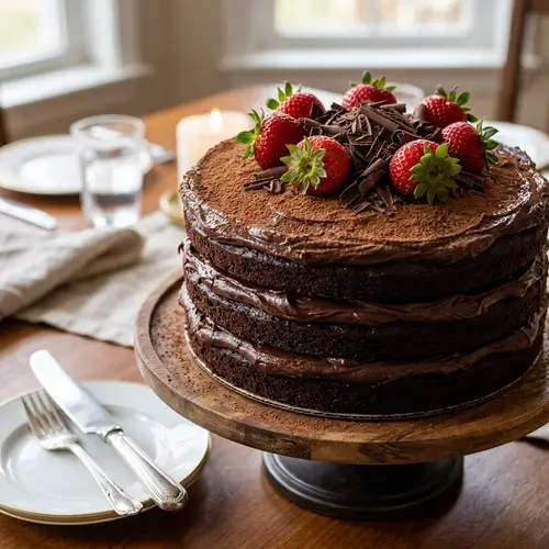 Decadent Three-Layer Chocolate Cake with Strawberries