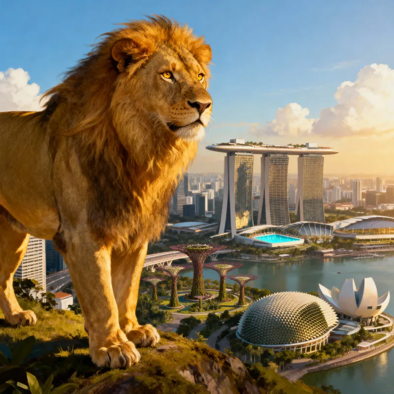 Realistic Lion with Singapore Skyline Art