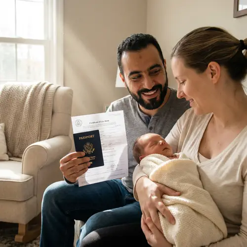 Happy Parents with Newborn Child: American Passport & Birth Certificate