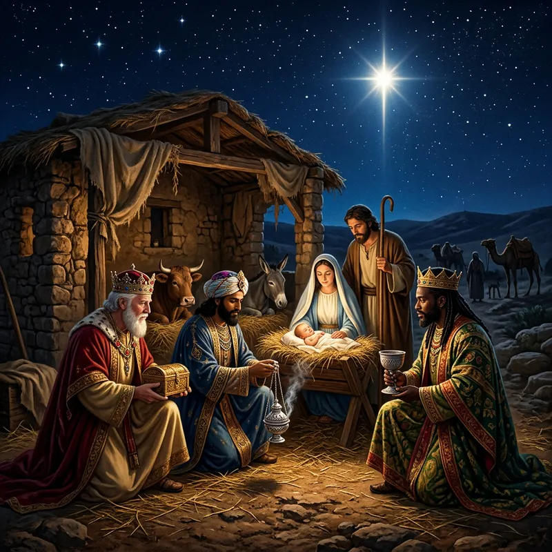 Three Kings Bearing Gold, Myrrh, and Frankincense Nativity Scene