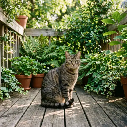 Tranquil Cat Enjoying Sun on Wooden Porch | Calm House Cat Photo