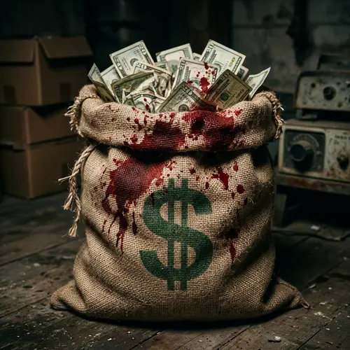 Blood-Stained Dollars: Disturbing Image of Currency in Burlap Bag