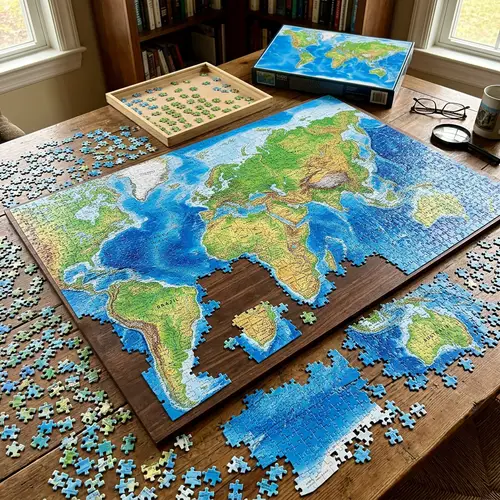 Detailed Earth Map Jigsaw Puzzle - Lush Vegetation & Varying Blue Waters
