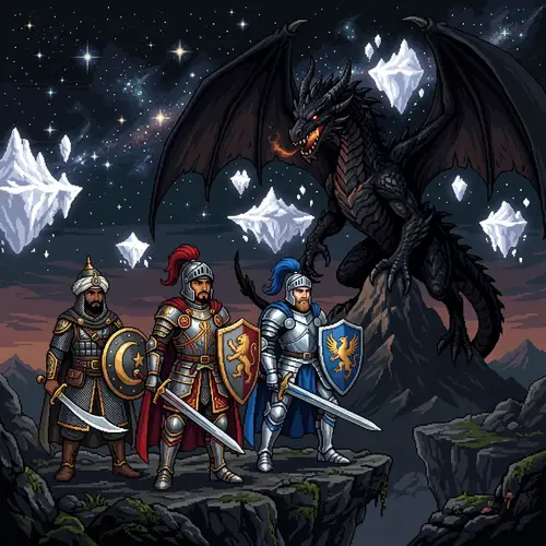 Pixel Art Scene: Three Knights vs. Black Dragon | Blasphemous Style