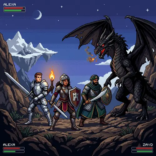 Pixel Art Dark Sky Scene with Knights and Black Dragon
