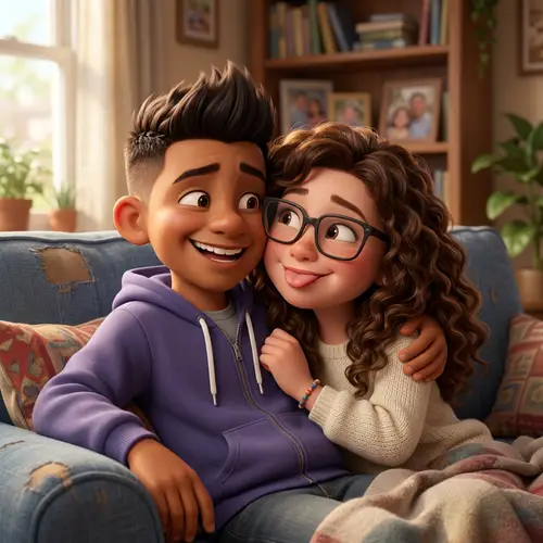 Cute Cartoon Couple on Couch: Latino Boy & Caucasian Girl