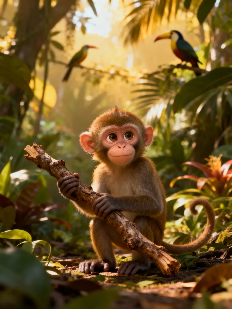 Curious Monkey in Lush Jungle | 3D Realistic Render Curious Monkey in Lush Jungle | 3D Realistic Render