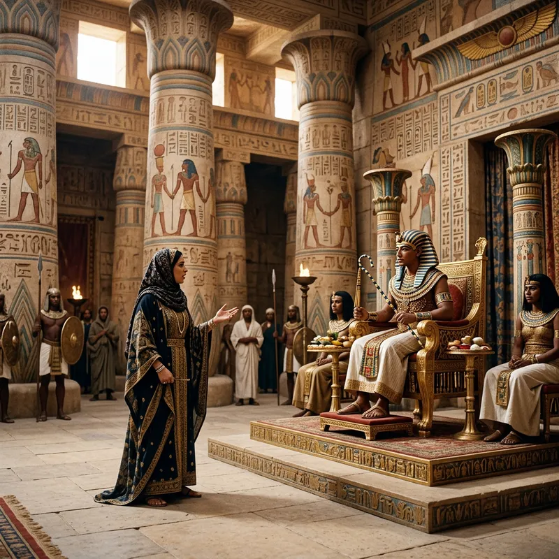 Veiled Woman Speaking to Pharaoh in Ancient Palace