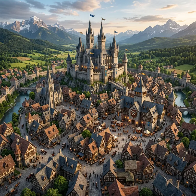 Eldoria Gothic Castle & Adventurers Guild Aerial View - Medieval Cityscape