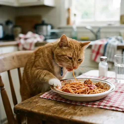 Cat Eating Spaghetti - Funny Feline Pasta Lover