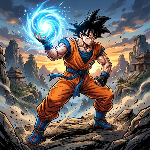 Asian Male Character in Orange Martial Arts Uniform with Energy Orb