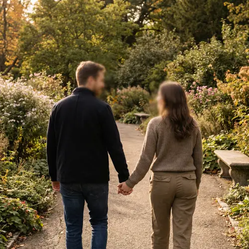 Romantic Scene of Diverse Couple Holding Hands Outdoors