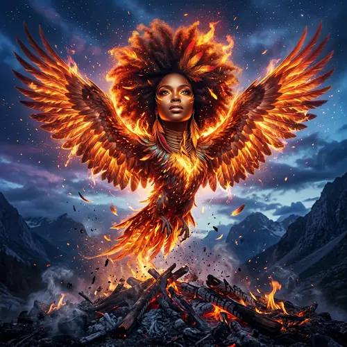 Mythical Phoenix Rising with Beautiful Black Woman and Afro