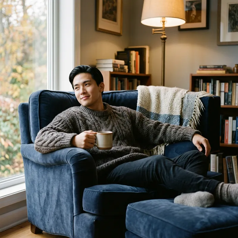 Comfortable Young Man in Oversized Knitted Sweater