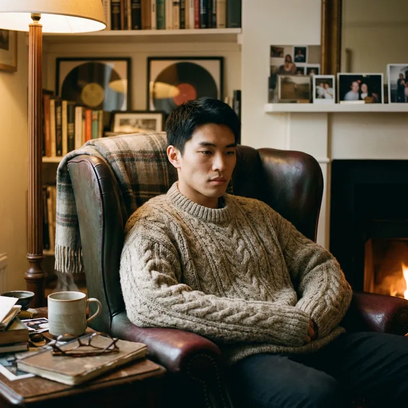 Youthful Man in Cozy Sweater on Luxurious Armchair Youthful Man in Cozy Sweater on Luxurious Armchair