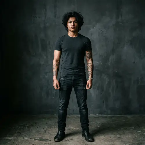 South Asian Teenage Boy with Muscular Build and Intricate Tattoos