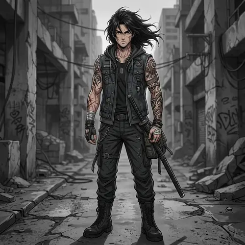 Anime Style Teenage Boy with Arm Tattoos and Scars